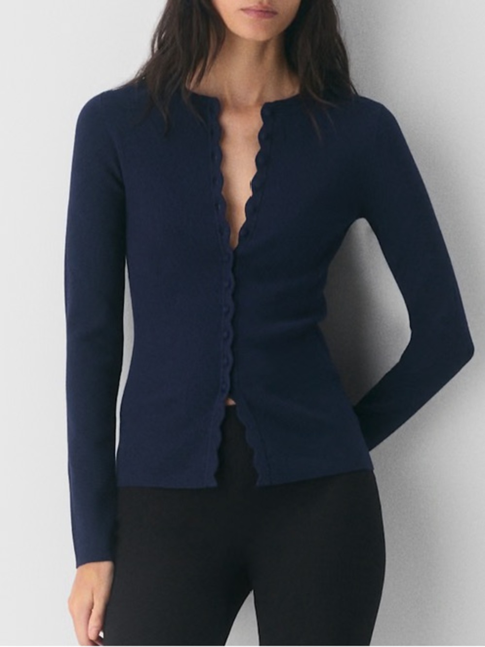 Aritzia Wilfred Shelly Cardigan Navy Blue Scalloped Detail Size Large - Picture 3 of 14